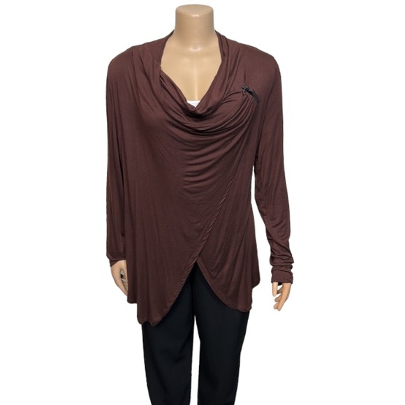 Patrizia Luca Blouse Asymmetrical Draped Cowl Neck Brown Zip detail size XL - Picture 17 of 17